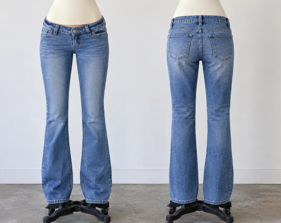 Revised vintage ultra-low-rise jeans sample shown front and back