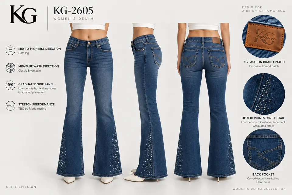 KG-2605 women’s mid-blue rhinestone flare development board