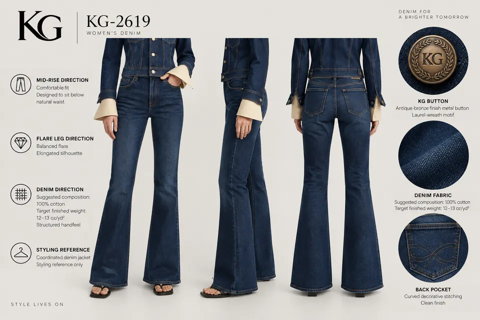 KG-2619 women’s dark-indigo flare development board with jacket styling reference