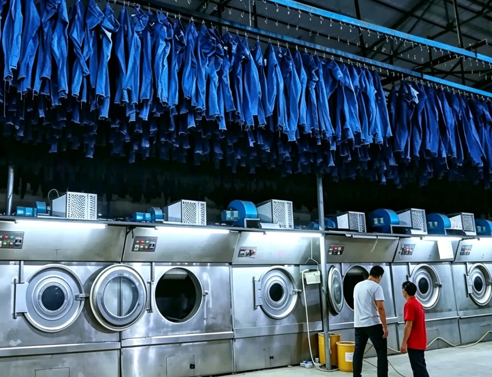 Industrial denim wash line with garments staged for processing