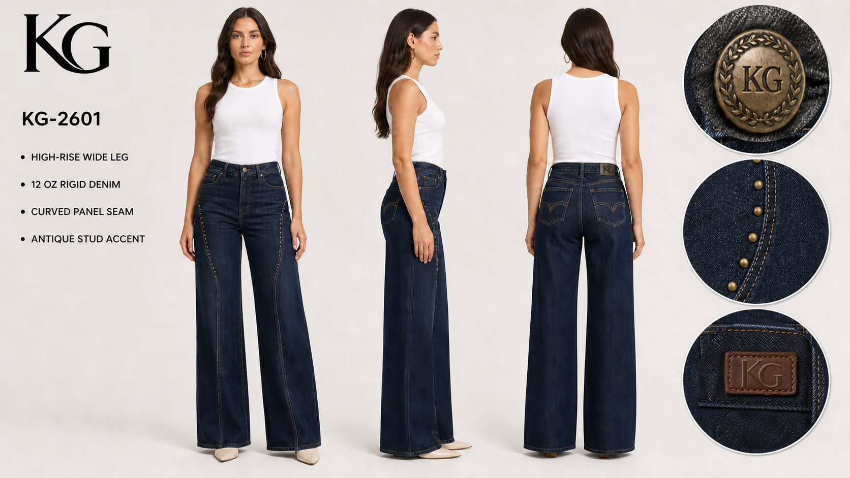 KG-2601 women's curved-seam wide-leg jeans