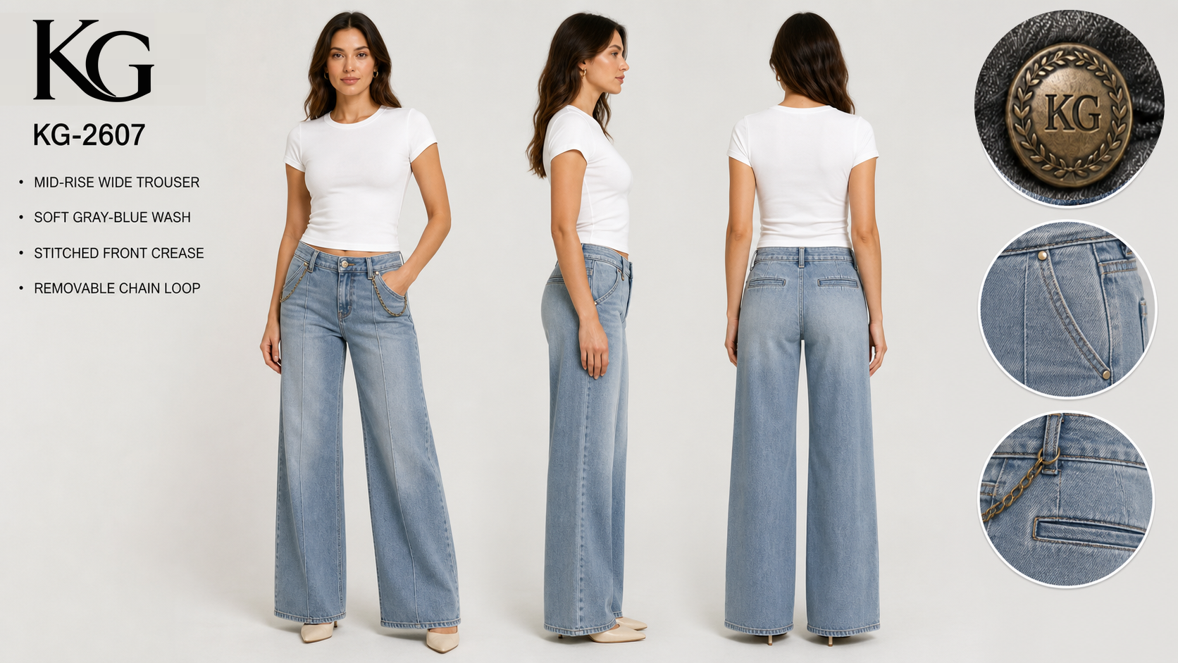 KG-2607 women's trouser-inspired wide-leg jeans