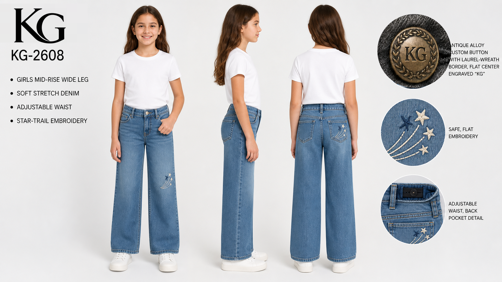 KG-2608 girls star-trail wide-leg jeans