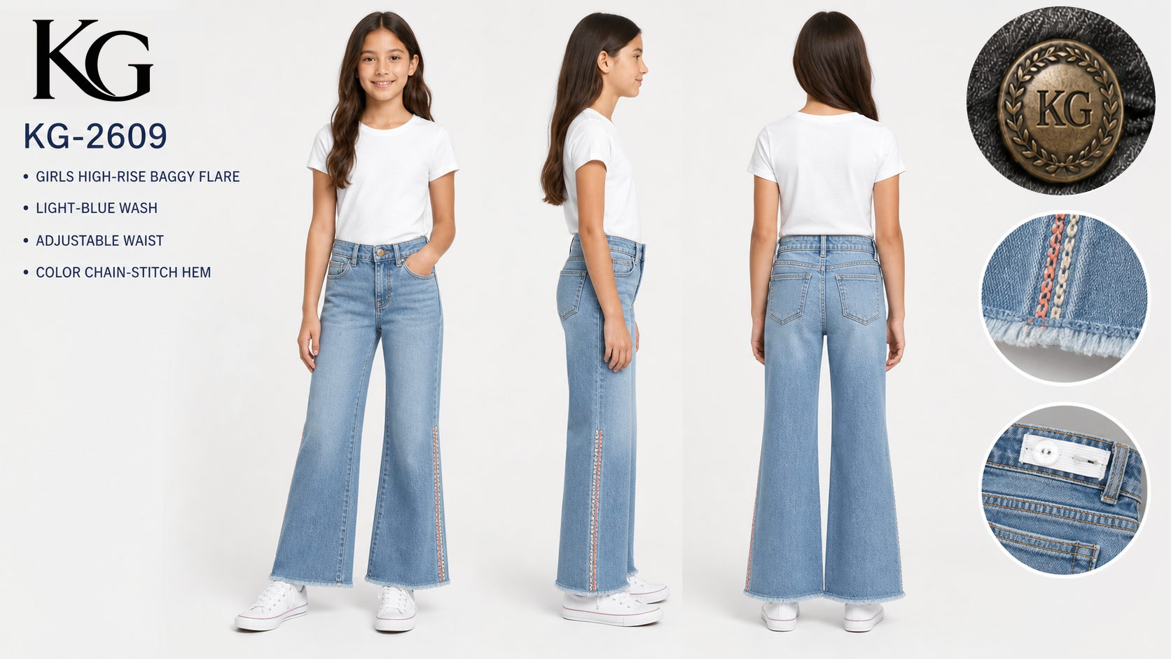 KG-2609 girls chain-stitch baggy flare jeans