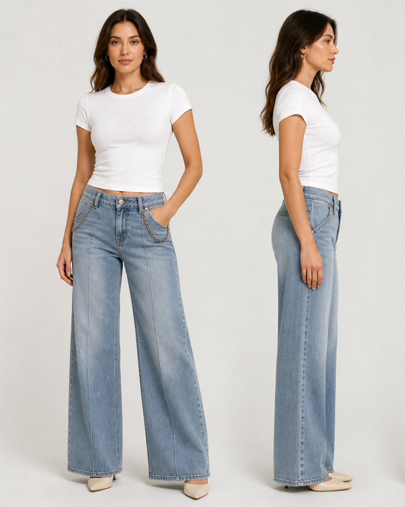 KG-2607 women's trouser-inspired wide-leg jeans