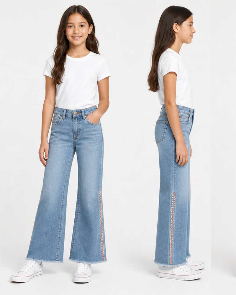 KG-2609 girls chain-stitch baggy flare jeans